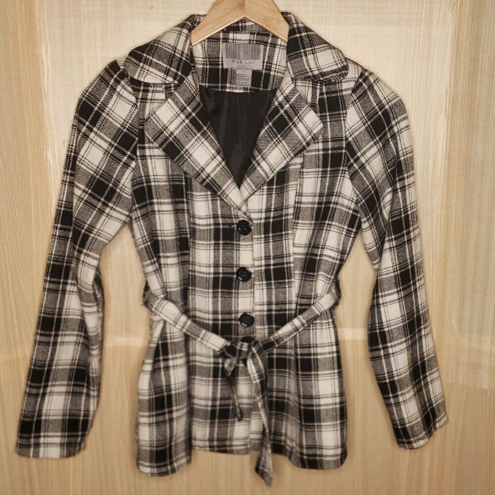 Miss Lili Black White Plaid Waist Length Peacoat